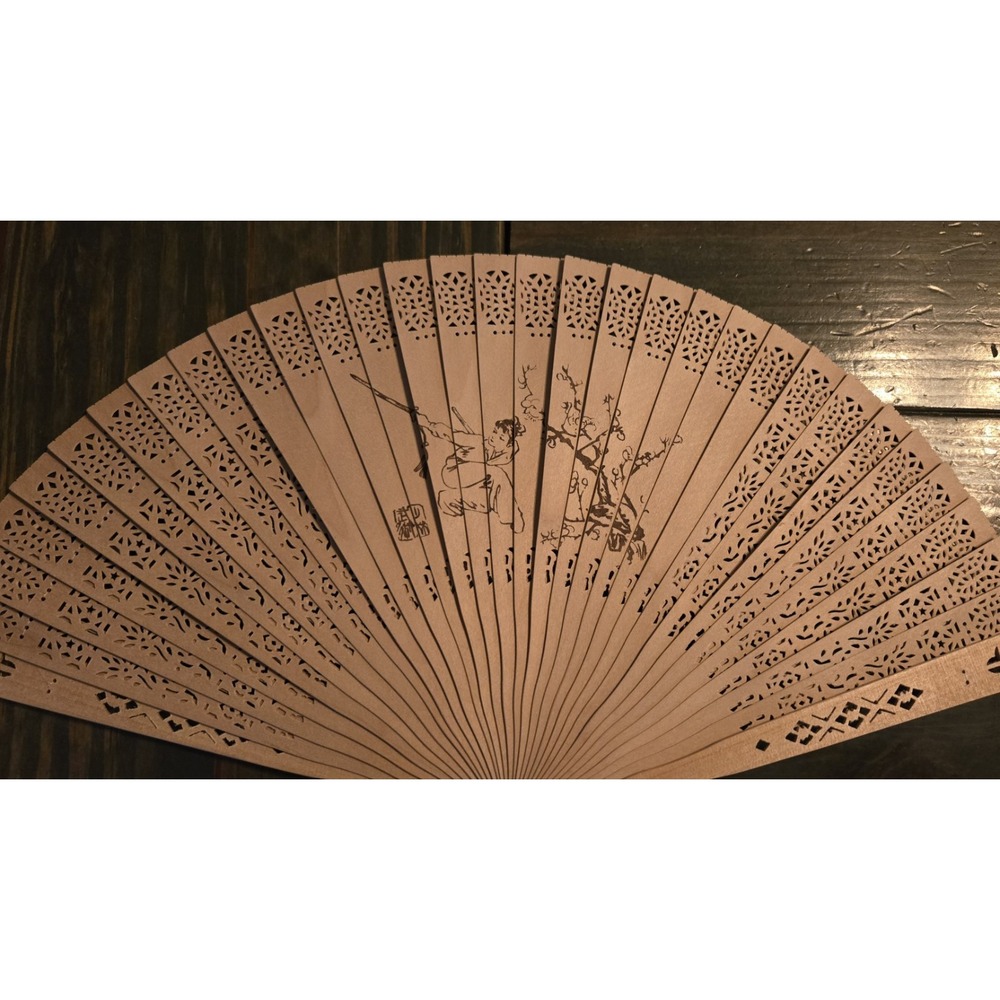 Vintage 8" Ornate Carved Natural Wood Folding Hand‎ Fan In Original Box Birds